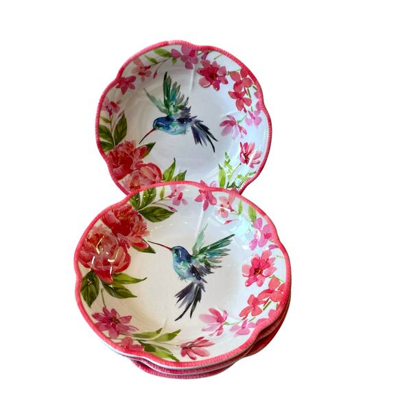 SOHO LOFT Hummingbird Pink Floral Melamine Salad Bowls 8in Set of 4 Spring NEW - Picture 15 of 15
